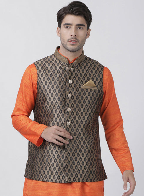 Vastramay Silk Blend Black and Gold Baap Beta Ethnic Jacket